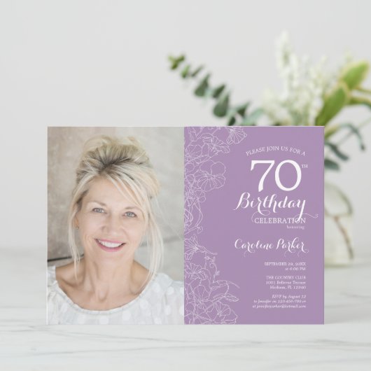紫エレガント白フローラ写真70誕生日 招待状 (スタンド正面)