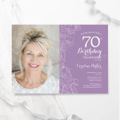 紫エレガント白フローラ写真70誕生日 招待状