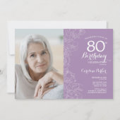 紫エレガント白フローラ写真80誕生日 招待状 (正面)