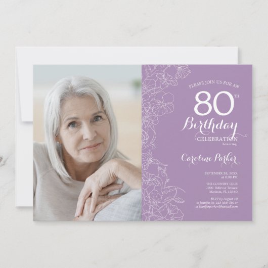 紫エレガント白フローラ写真80誕生日 招待状 (正面)