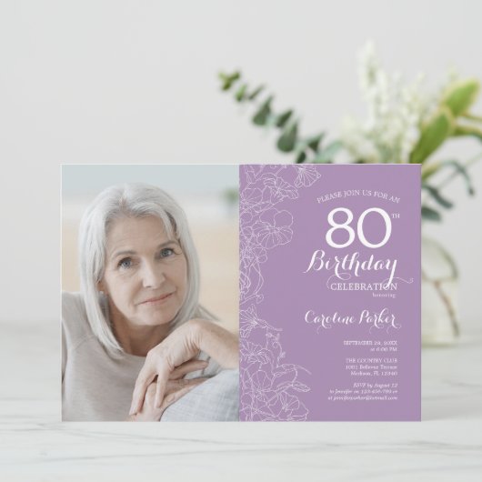 紫エレガント白フローラ写真80誕生日 招待状 (スタンド正面)