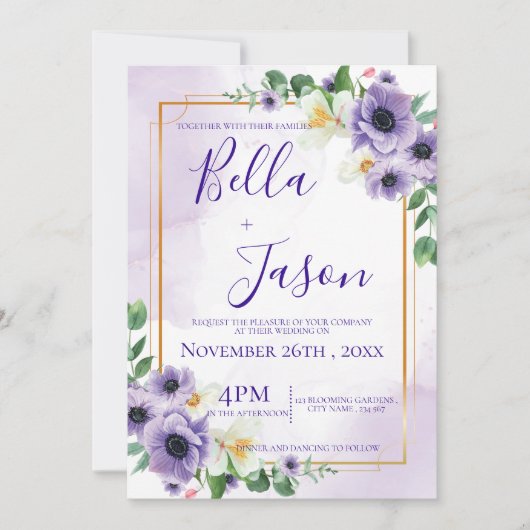紫エレガント白フローラ金ゴールドフレ結婚ーム 招待状 (正面)