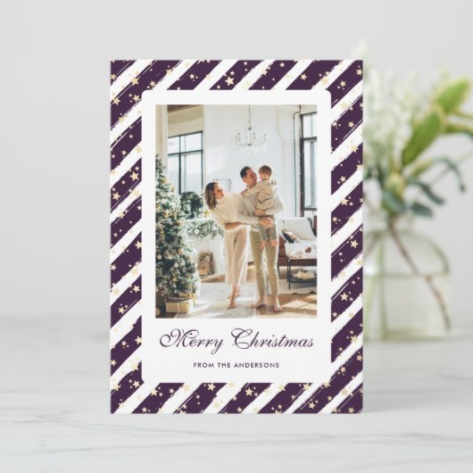 紫エレガント白モダン写真歓喜クリスマス シーズンカード (スタンド正面)