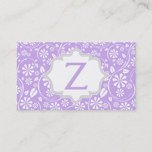 紫エレガント白、灰色の花柄モノグラム 名刺 (正面)