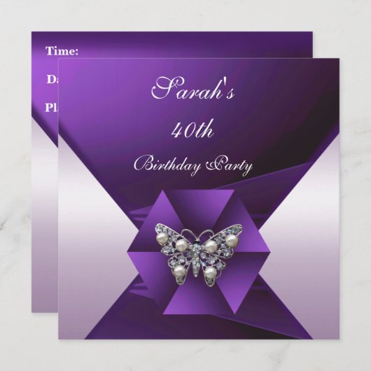 紫エレガント真珠ジュエル40歳の誕生日 招待状 (正面/裏面)