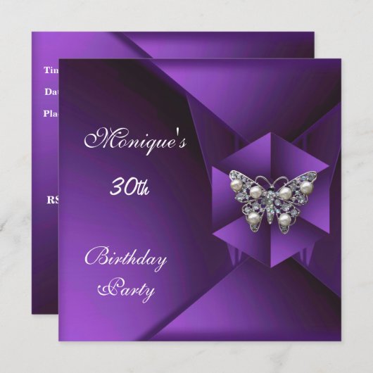 紫エレガント真珠蝶ジュエル30歳の誕生日 招待状 (正面/裏面)