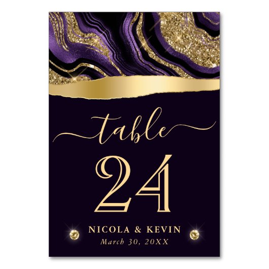 紫エレガント箔と金ゴールドグリッターアゲート結婚ズ テーブルナンバー (正面)