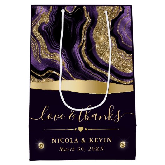 紫エレガント箔と金ゴールドグリッターアゲート結婚ズ ミディアムペーパーバッグ (裏面)