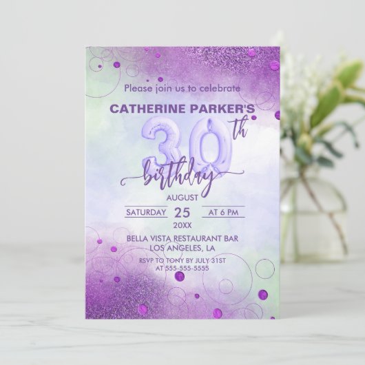 紫エレガント箔バルーン30番目のメス誕生日 招待状 (スタンド正面)