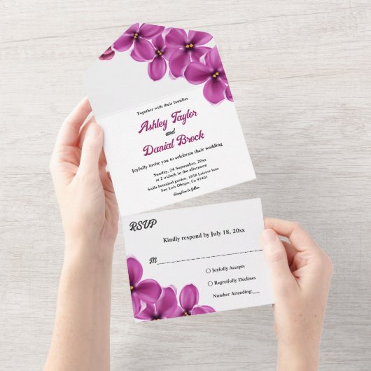 紫エレガント素朴の花の夏のフローラ結婚の オールインワン招待状 (貼ってはがせる)