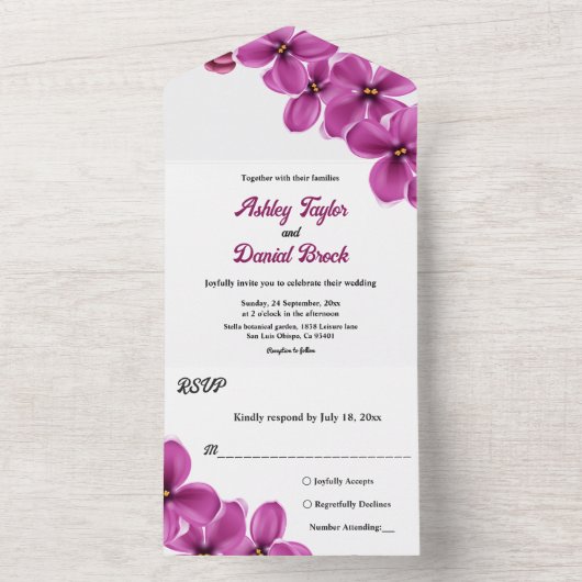 紫エレガント素朴の花の夏のフローラ結婚の オールインワン招待状 (内側)