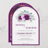 紫エレガント素朴赤面フローラ写真結婚の 招待状 (正面/裏面)
