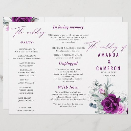 紫エレガント素朴赤面フローラ結婚式 プログラム (正面/裏面)