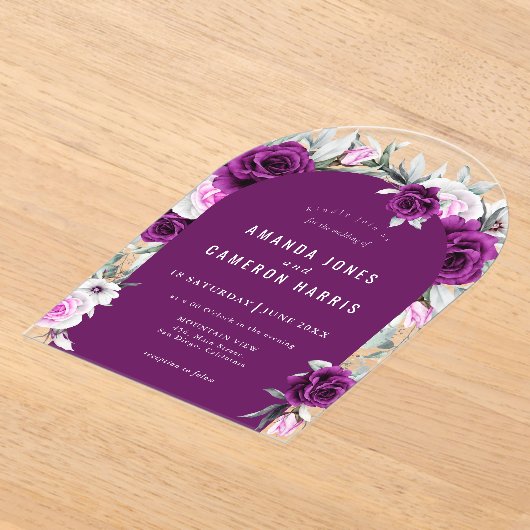 紫エレガント素朴赤面幾何結婚式 アクリル招待状 (レイダウン)