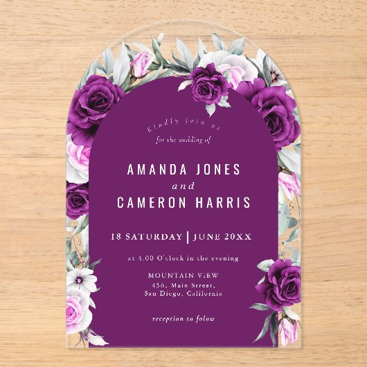 紫エレガント素朴赤面幾何結婚式 アクリル招待状 (正面)