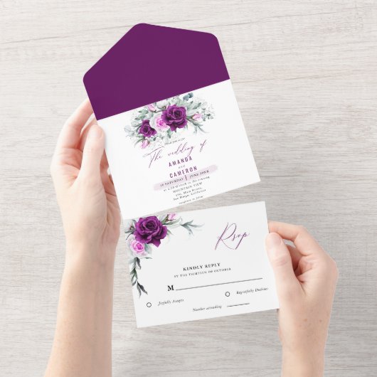 紫エレガント素朴赤面幾何結婚式 オールインワン招待状 (貼ってはがせる)