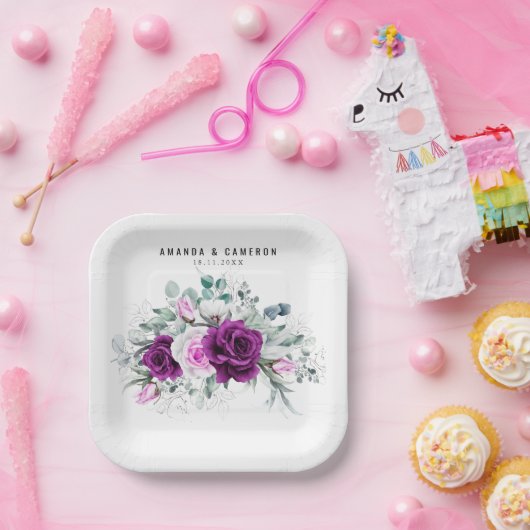 紫エレガント素朴赤面幾何結婚式 ペーパープレート (パーティー)