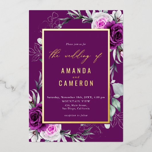 紫エレガント素朴赤面幾何結婚式 箔招待状 (正面)