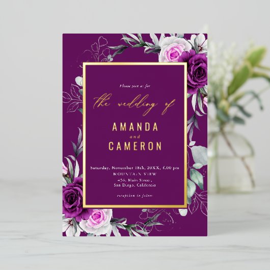 紫エレガント素朴赤面幾何結婚式 箔招待状 (立ち正面)