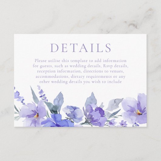 紫エレガント紫の水色の結婚詳細 エンクロージャーカード (正面)