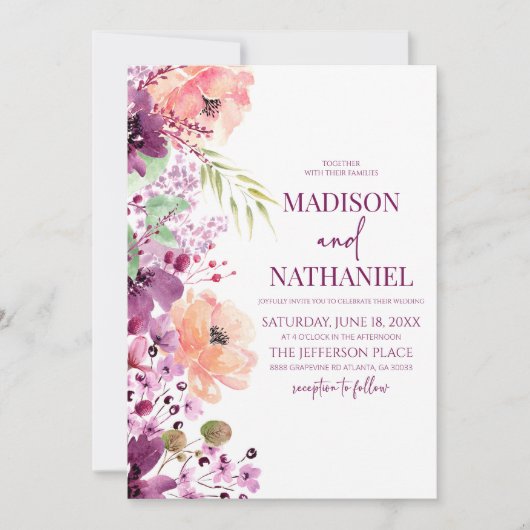 紫エレガント紫ピンクのフローラの結婚花 招待状 (正面)