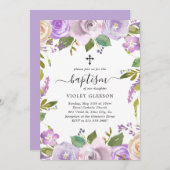 紫エレガント紫フローラクロスガールバプテスマ 招待状 (正面/裏面)