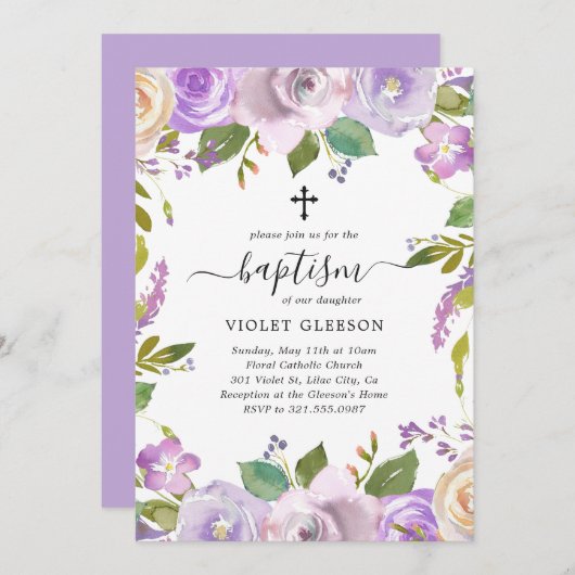 紫エレガント紫フローラクロスガールバプテスマ 招待状 (正面/裏面)