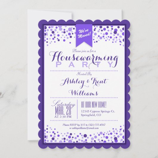 紫エレガント紫ホワイト引っ越し祝いパーティーパーティー 招待状 (正面)