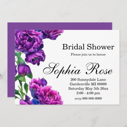 紫エレガント紫マゼンタピンク色の花模様 招待状 (正面/裏面)