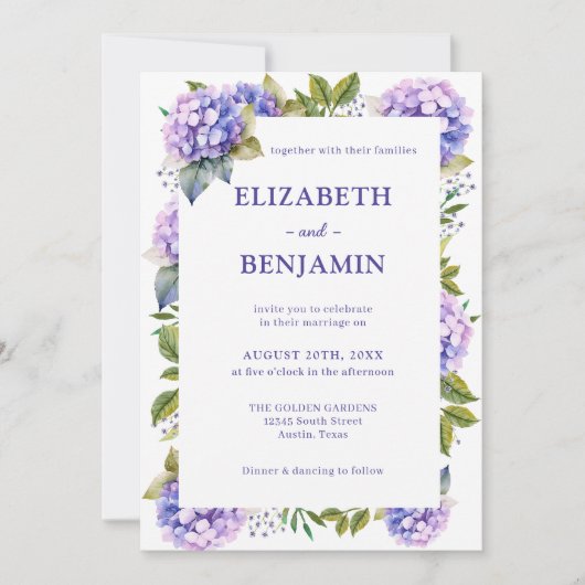 紫エレガント紫紫紫陽花の水の色結婚の 招待状 (正面)