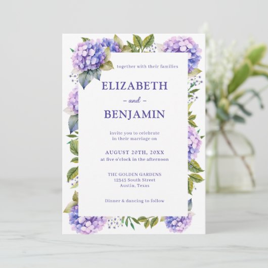 紫エレガント紫紫紫陽花の水の色結婚の 招待状 (スタンド正面)