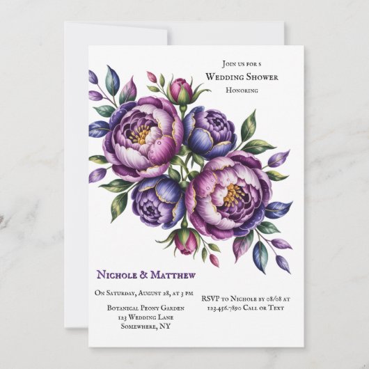 紫エレガント紫・マゼンタ牡丹ウェディングシャワー 招待状 (正面)