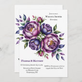 紫エレガント紫・マゼンタ牡丹ウェディングシャワー 招待状 (正面/裏面)