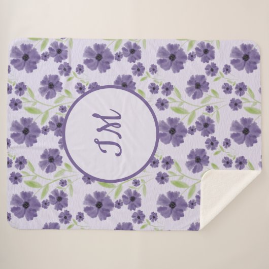 紫エレガント緑フローラモノグラム模様 シェルパブランケット (正面(横))