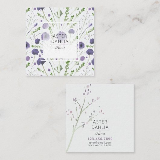 紫エレガント緑水彩花 スクエア名刺 (正面/裏面)