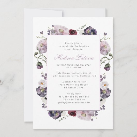 紫エレガント色の水彩フローラ 招待状 (正面)