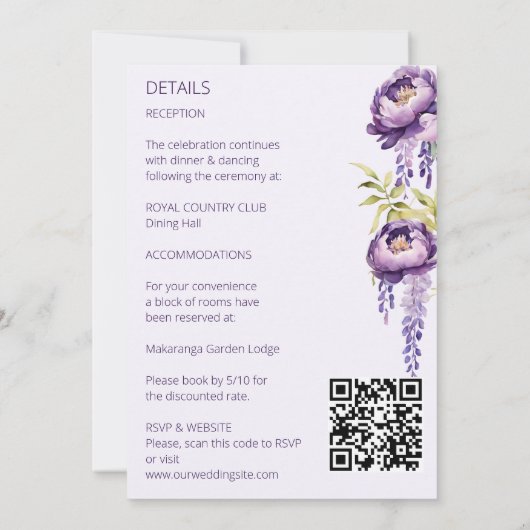 紫エレガント色の花が一つのテンプレートに咲き結婚乱れる 招待状 (裏面)