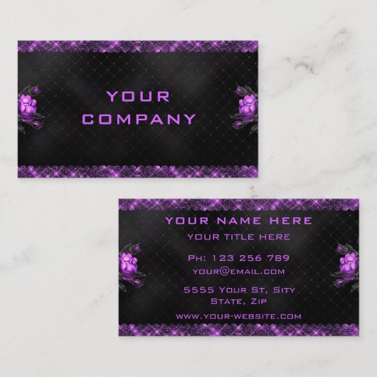 紫エレガント花グリッターブラックビジネスカード 名刺 (正面/裏面)