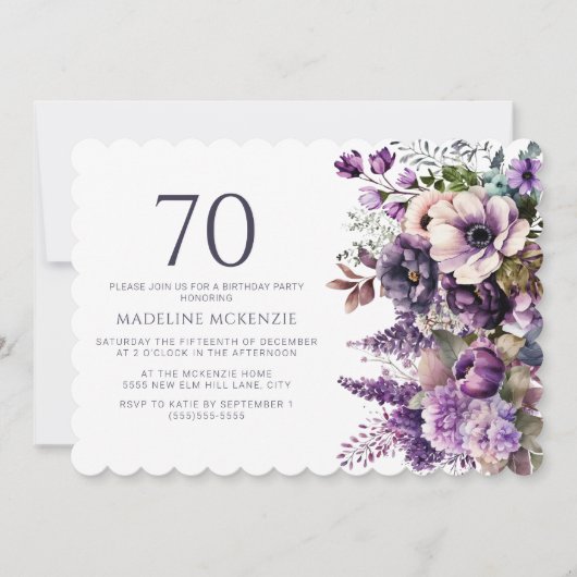 紫エレガント花成虫70誕生日 招待状 (正面)