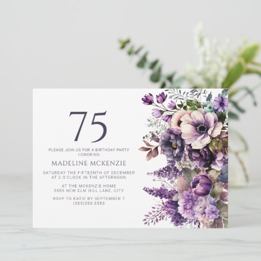 紫エレガント花成虫75誕生日 招待状 (スタンド正面)