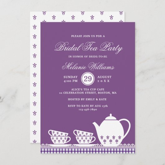 紫エレガント茶モダンパーティーブライダルシャワー 招待状 (正面/裏面)
