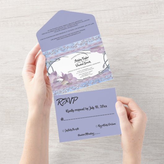 紫エレガント華美バラデリケート結婚ズ オールインワン招待状 (貼ってはがせる)