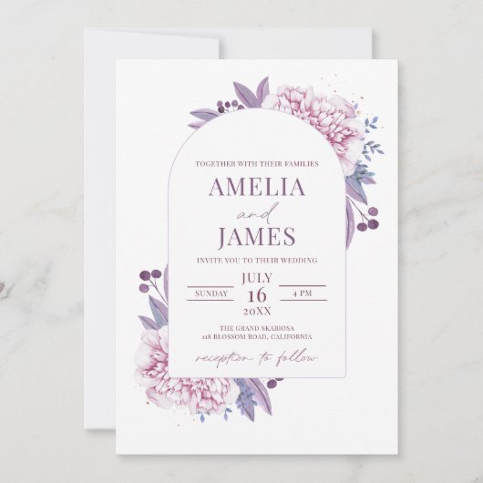 紫エレガント薄紫水彩写真アーチ 招待状 (正面)