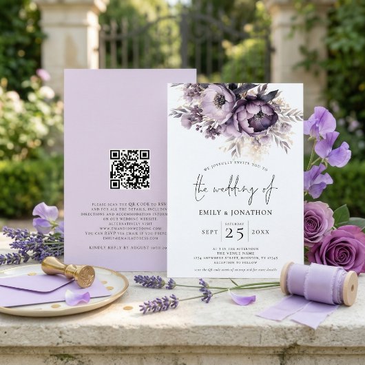 紫エレガント薄紫花模様QRコード結婚 招待状
