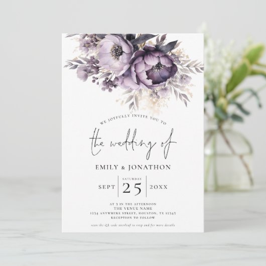 紫エレガント薄紫花模様QRコード結婚 招待状 (スタンド正面)