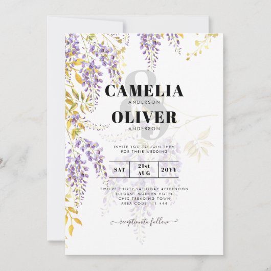 紫エレガント藤の花モダンフローラ 招待状 (正面)