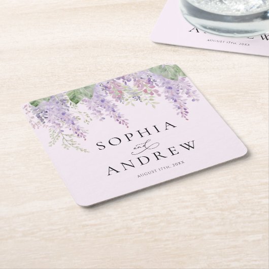 紫エレガント藤の花結婚の スクエアペーパーコースター (アングル)