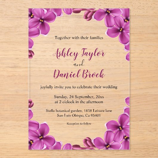 紫エレガント蘭バラ夏フローラ結婚ズ アクリル招待状 (正面)