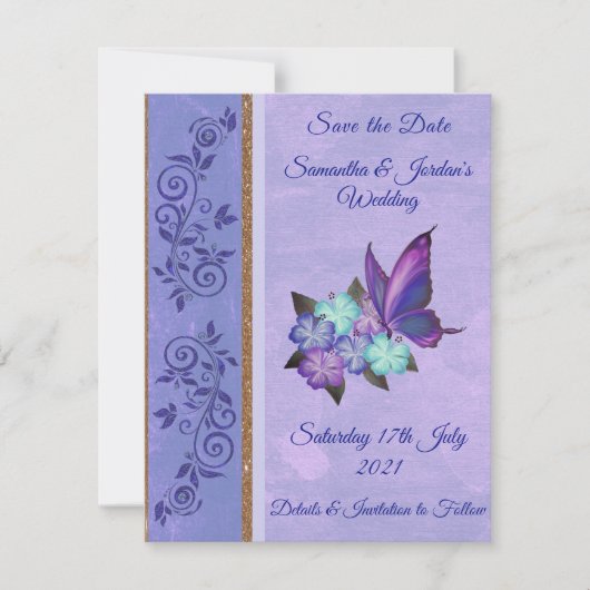 紫エレガント蝶とハイビスカスの日付を保存 招待状 (正面)