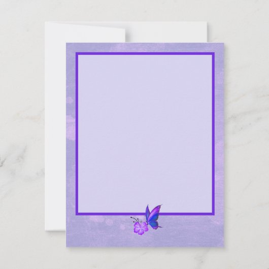 紫エレガント蝶とハイビスカスの日付を保存 招待状 (裏面)